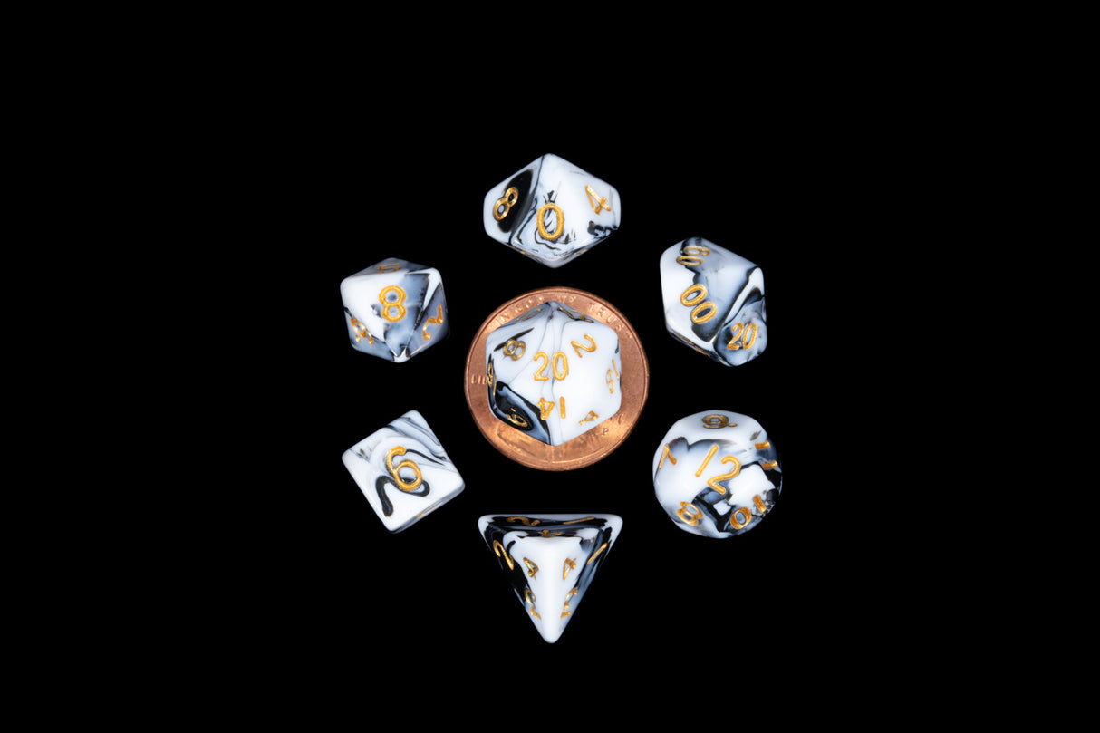 Fanroll: 10mm Mini Polyhedral Dice set: Marble w/ Gold Numbers