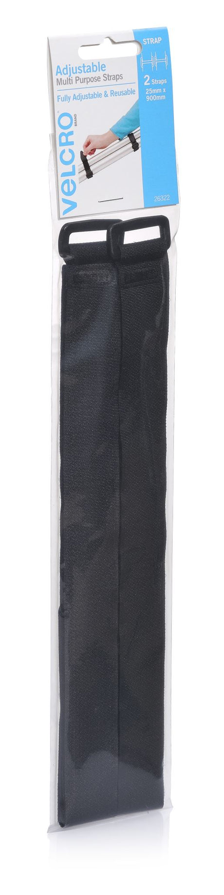 VELCRO® Brand Velstrap® Adjustable Wrap in black, 25mm x 900mm, perfect for securing and organizing items without damage.