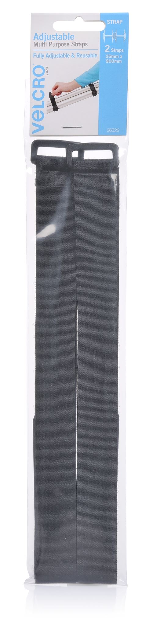 VELCRO® Brand Velstrap® Adjustable Wrap, 25mm x 900mm, black, ideal for organizing and securing various items effectively.