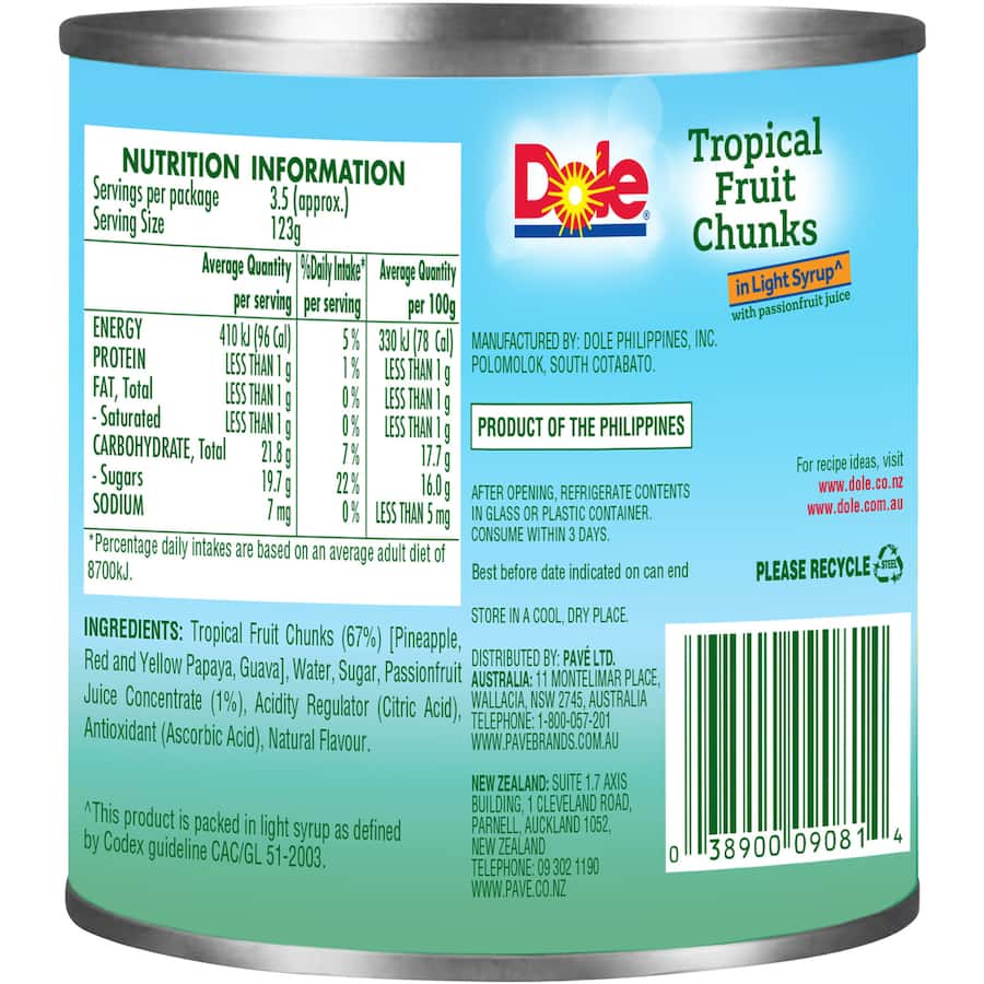 Dole Tropical Chunks Fruit Salad Light Syrup With Passionfruit Can 432g