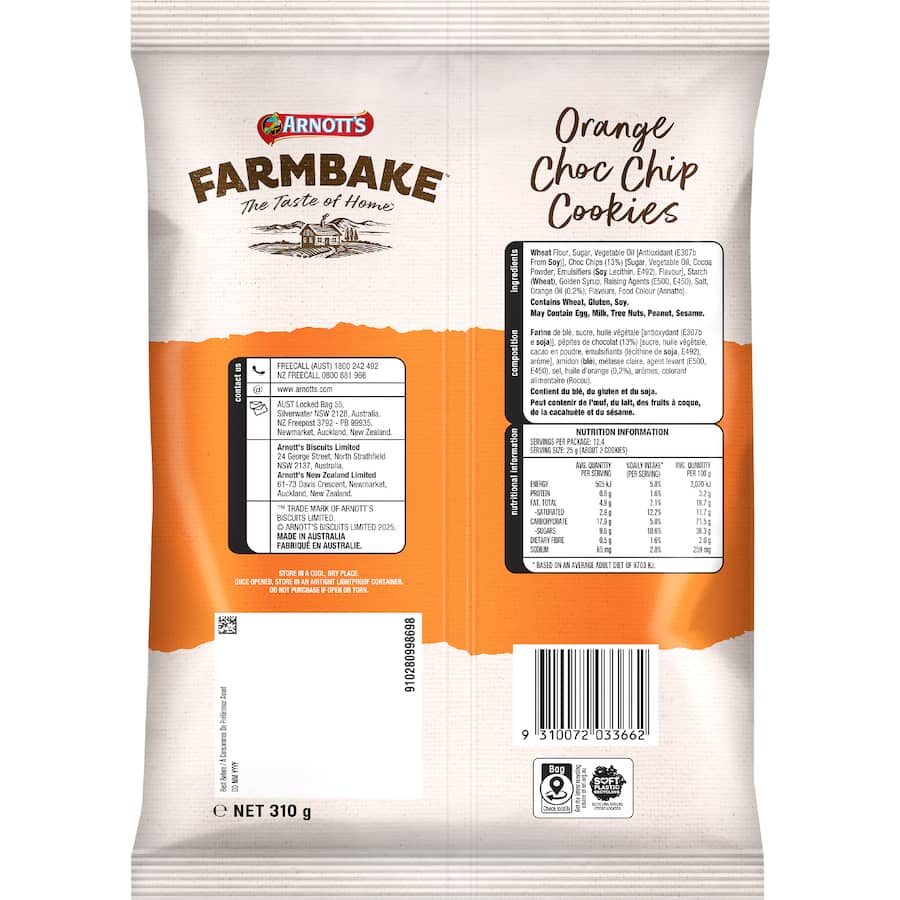 Arnotts Farmbake Cookies Orange Chocolate Chip Pouch 310g