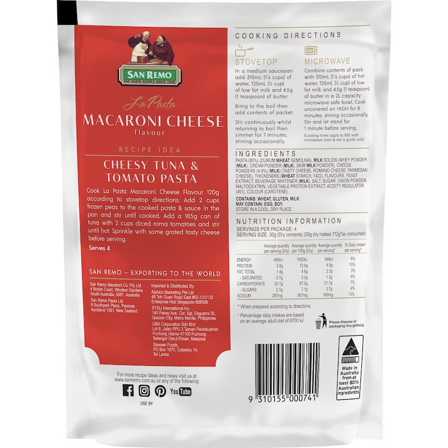 San Remo La Pasta Pasta & Sauce Macaroni Cheese 120g