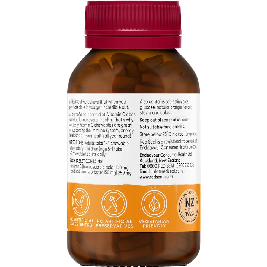 Red Seal Vitamin C Orange Chewable 250mg Tablets 100pack