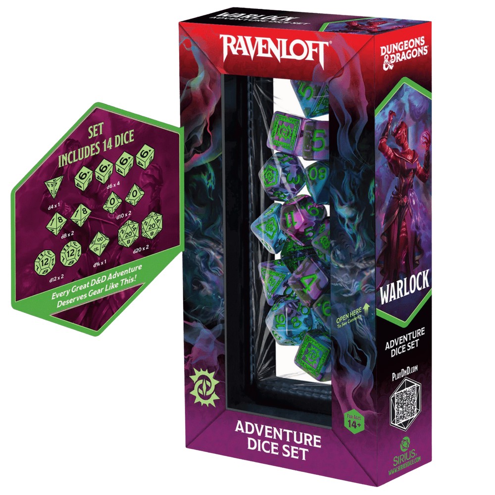 Sirius Dice - D&D Adventure Dice - Warlock - Purple. Green - Gaming Accessory