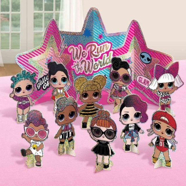 Colorful LOL Surprise table decorating kit featuring 11 playful centerpieces for festive birthday parties.