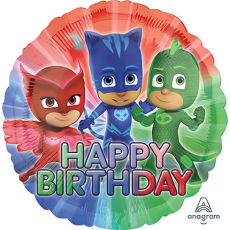 Self-sealing foil balloon featuring PJ Masks, 45cm, ideal for happy birthday celebrations.