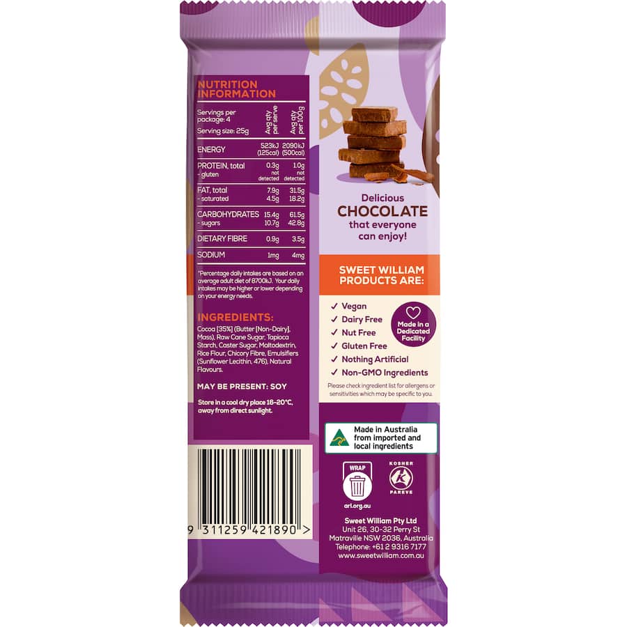 Sweet William Chocolate Bar Dairy Free Organic 100g