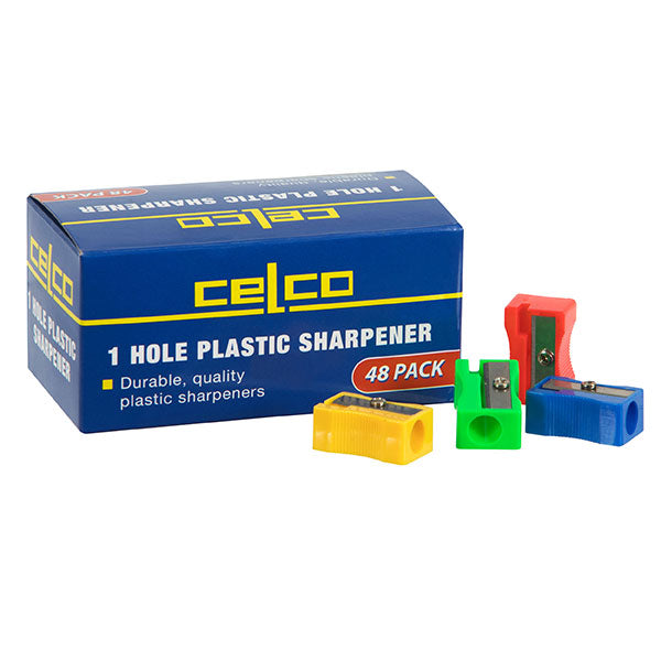 Celco 1-hole plastic pencil sharpeners in vibrant colors, ideal for schools and crafting, pack of 48 for easy organization.