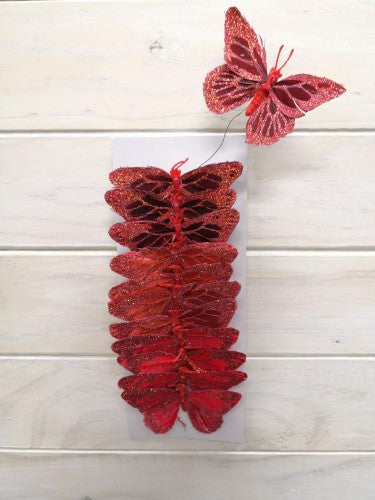 Artificial Craft Butterfly with Glitter x 12 (Red)