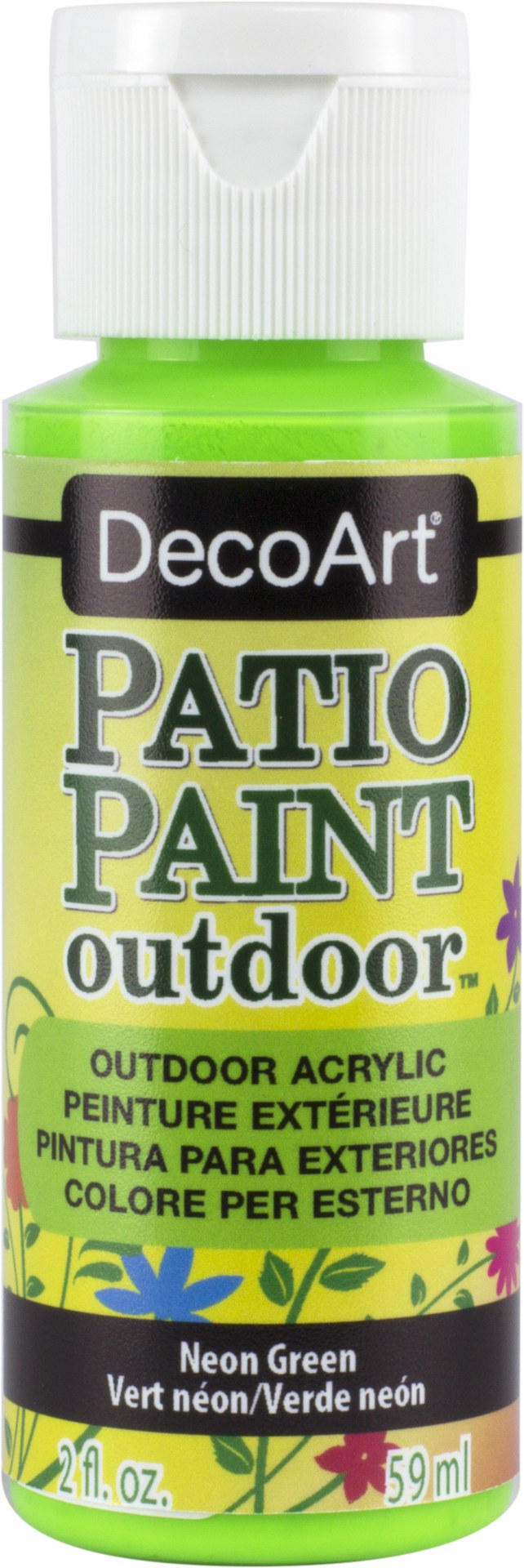 Vibrant 2oz neon green patio paint for outdoor DIY projects on various surfaces with a durable, satin finish.