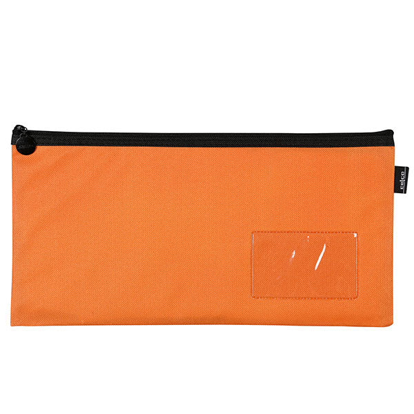 Durable orange pencil case with one-zip design, spacious interior, perfect for organizing stationery essentials.
