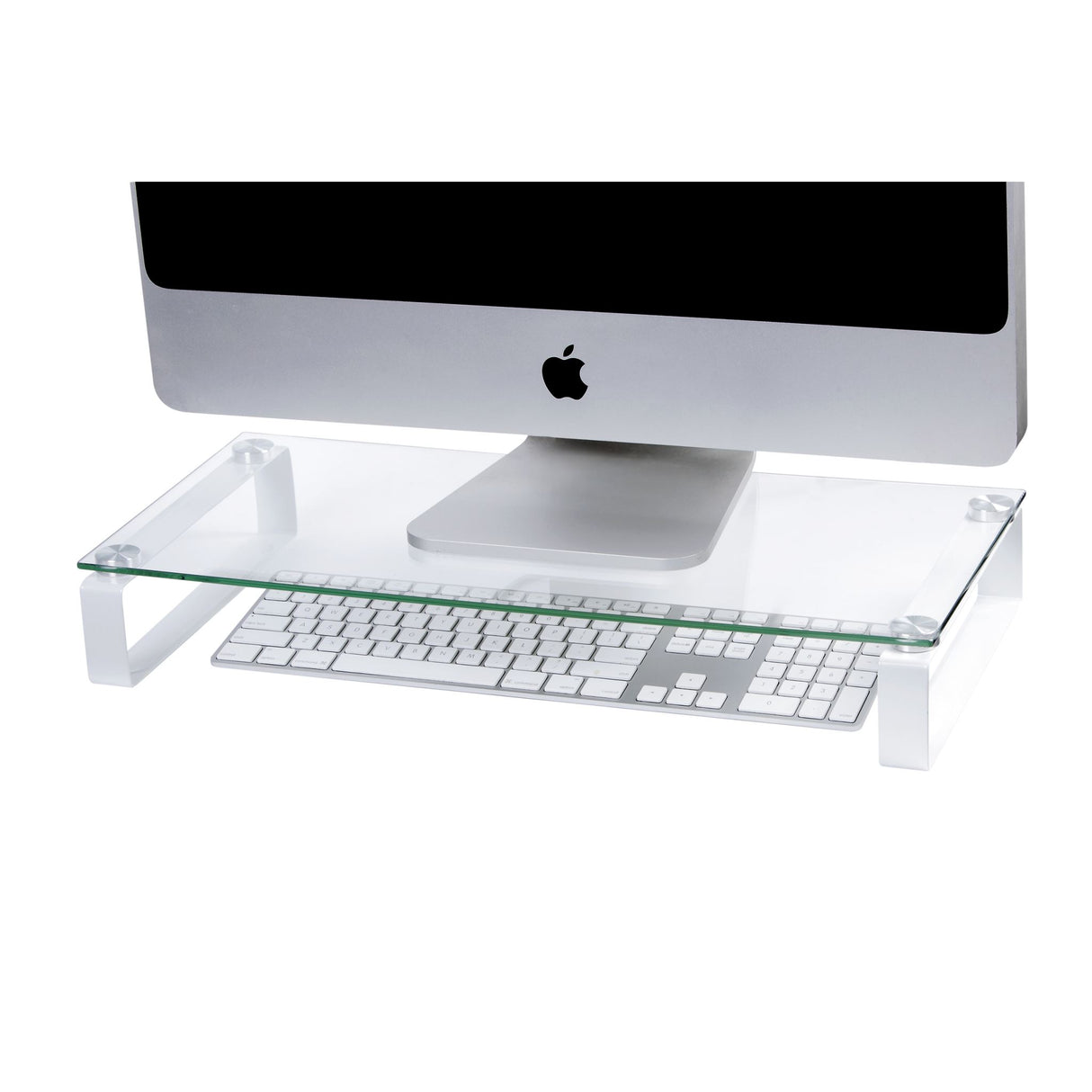 Esselte Monitor Stand with tempered glass and white legs, 60cm wide, promotes better posture and organizes workspace.
