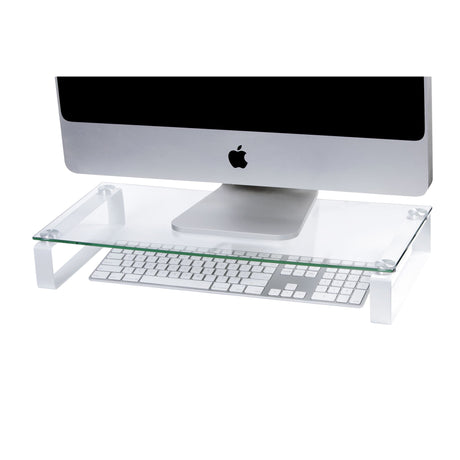 Esselte Monitor Stand with tempered glass and white legs, 60cm wide, promotes better posture and organizes workspace.