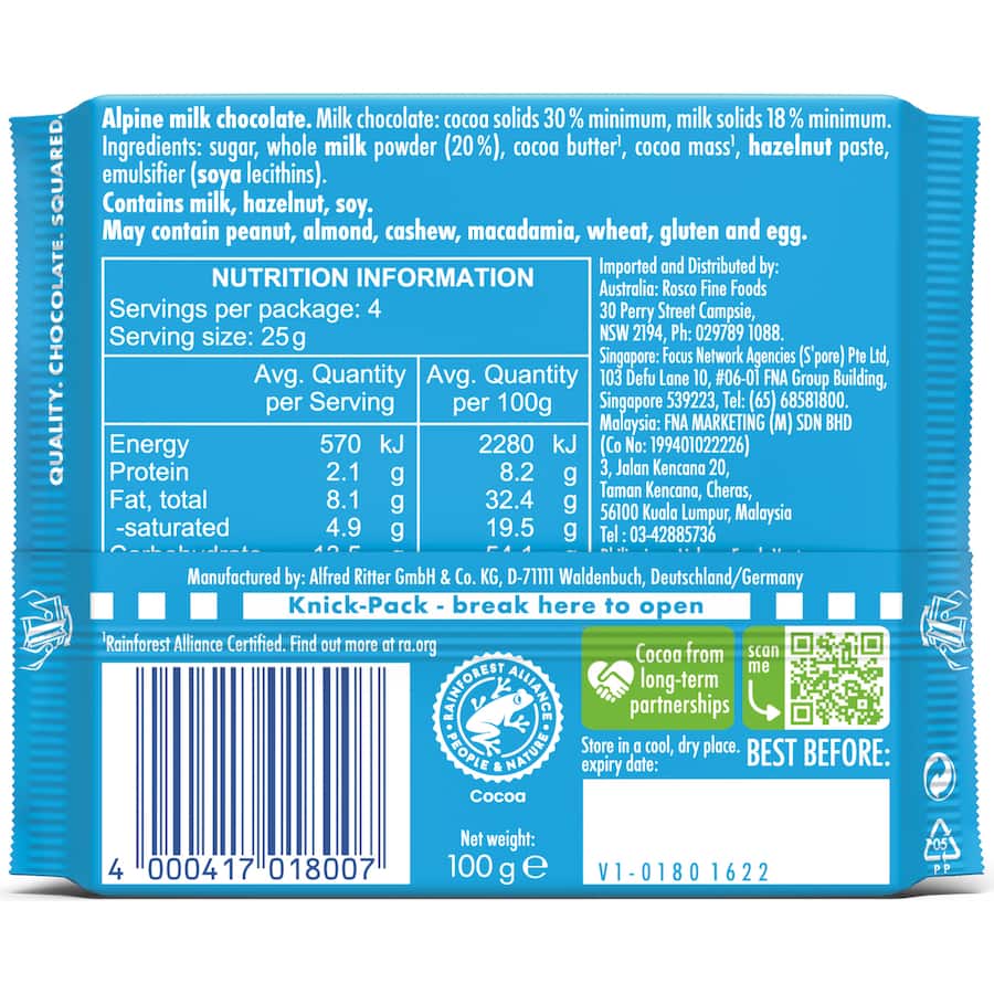 Ritter Sport Chocolate Bar Alpine Milk 100g