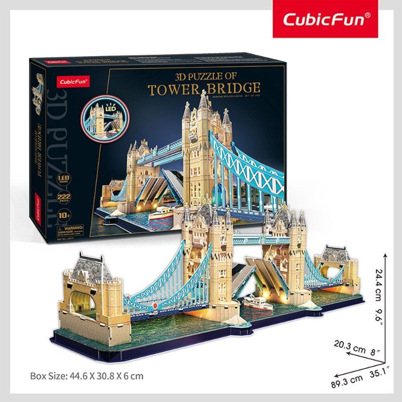 3D Tower Bridge XL puzzle by Smartfox AU, 222 pieces, LED lights, impressive 89.3x20.3x24.4cm, easy assembly for ages 10+.