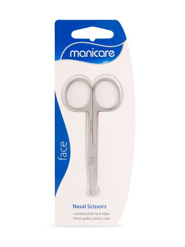 Manicare Nasal Safety Scissors for safe, precise trimming of nasal and ear hair, featuring rounded tips and high-quality stainless steel.