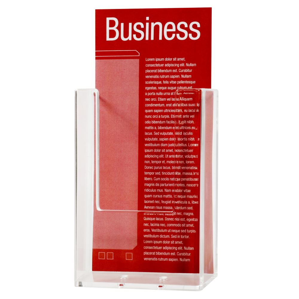 Esselte wall-mounted brochure holder in DL format for displaying flyers and business cards, designed for durability and easy installation.