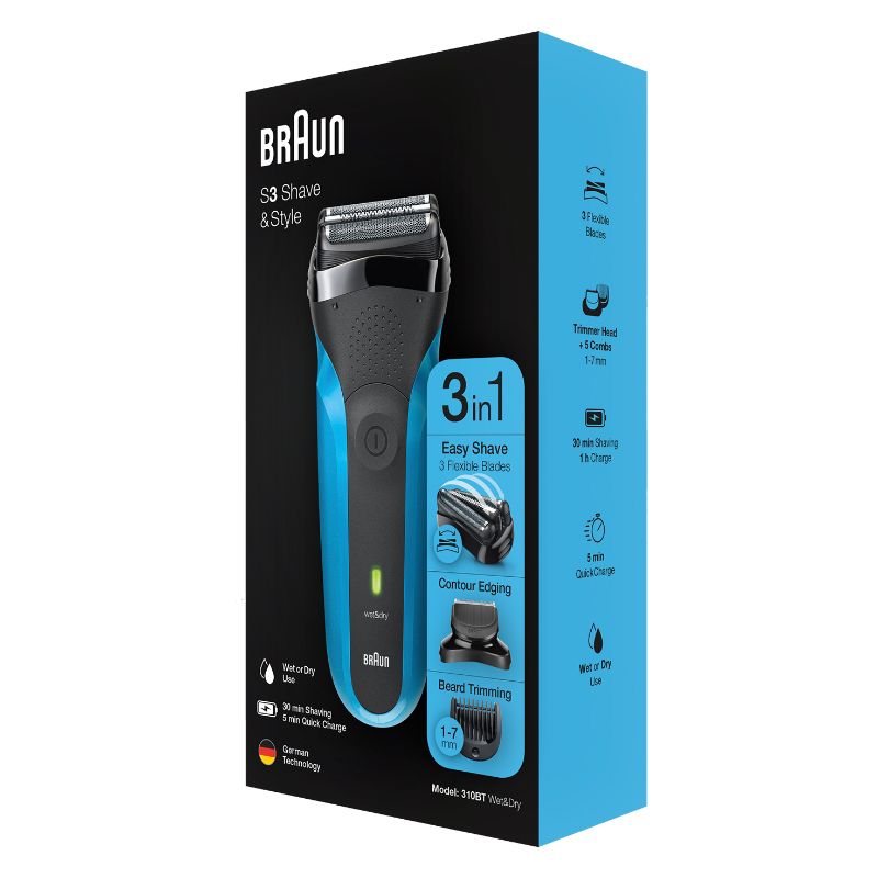 Braun 310BT electric shaver and beard trimmer with 3-Flex head, five combs, and waterproof design for versatile grooming.