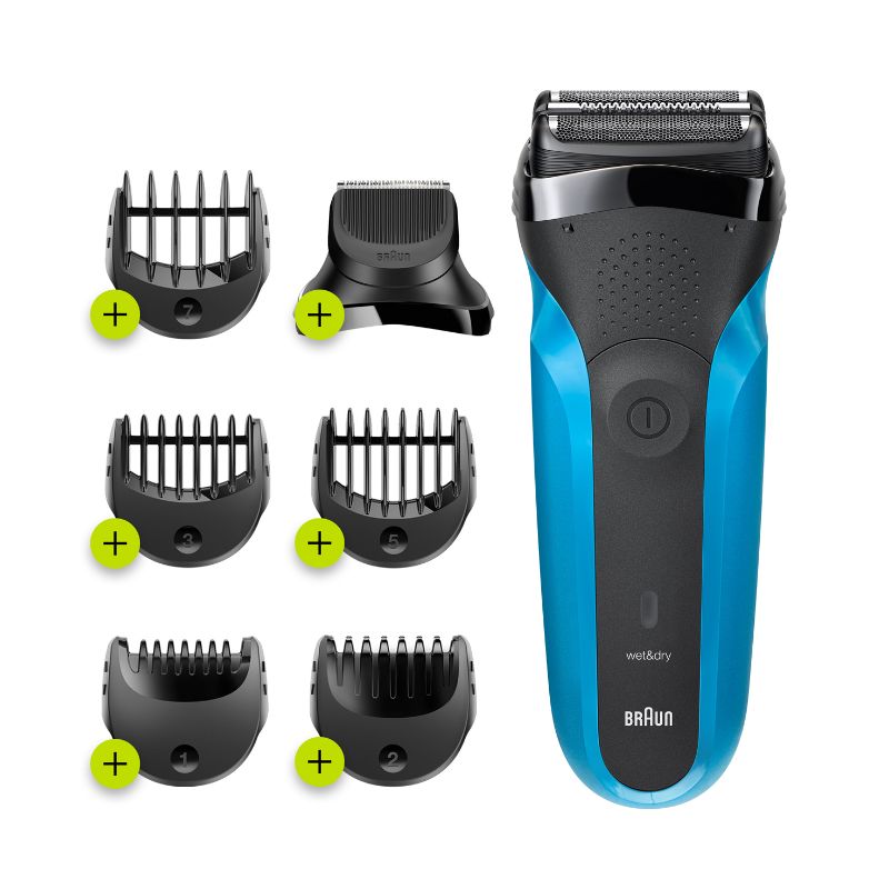 Braun 310BT electric shaver and beard trimmer, featuring a 3-Flex head, 5 combs, and wet/dry versatility for comfortable grooming.