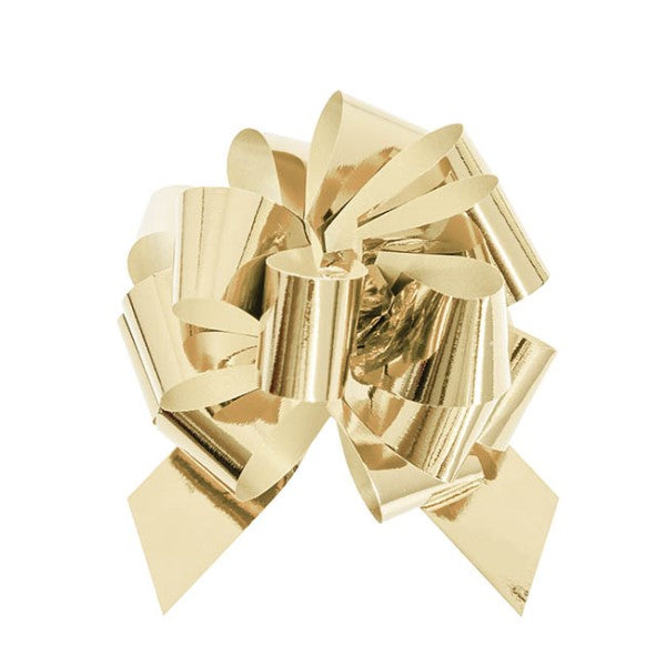 Metallic gold ribbon pull bows with pom pom design, pack of 5, perfect for elegant gift wrapping and special occasions.