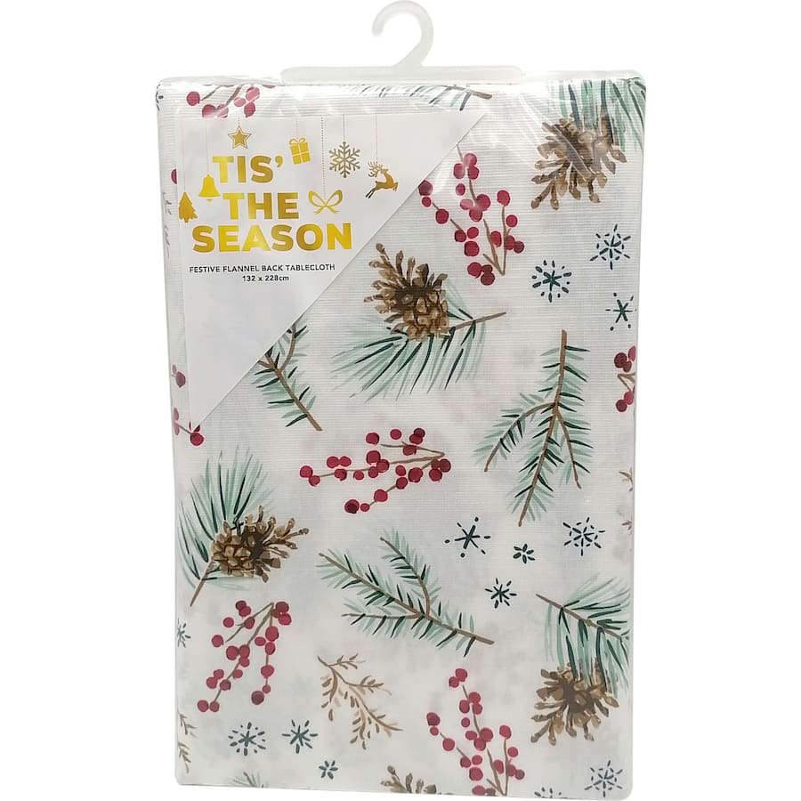 Tis The Season Festive Tablecloth Flannel Backed - 132 x 228cm