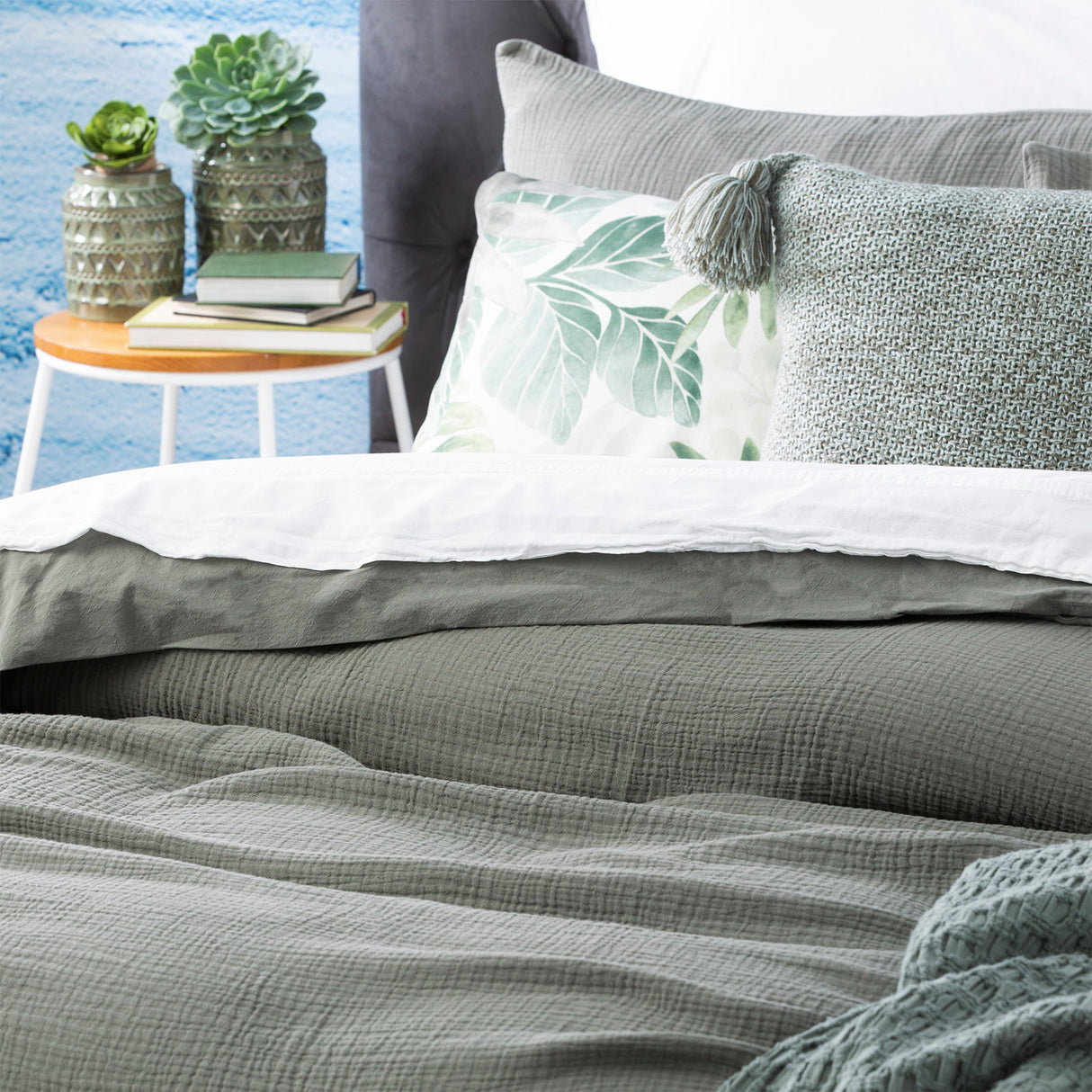 Solana Washed Cotton Textured Quilt / Duvet Cover Set Queen Fern