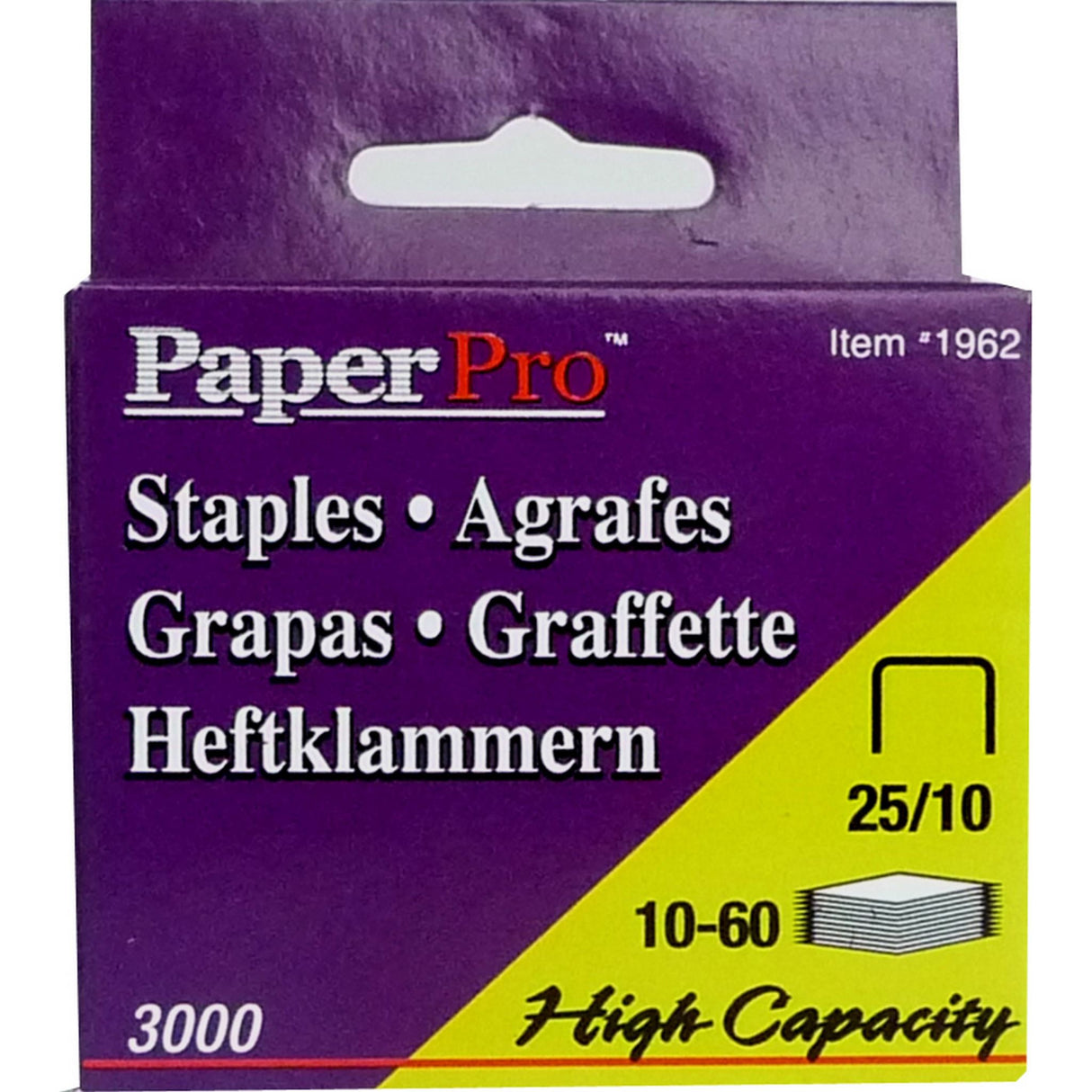 PaperPro Staples 25/10 box featuring 3000 high-capacity staples for effortless stapling of up to 65 sheets.