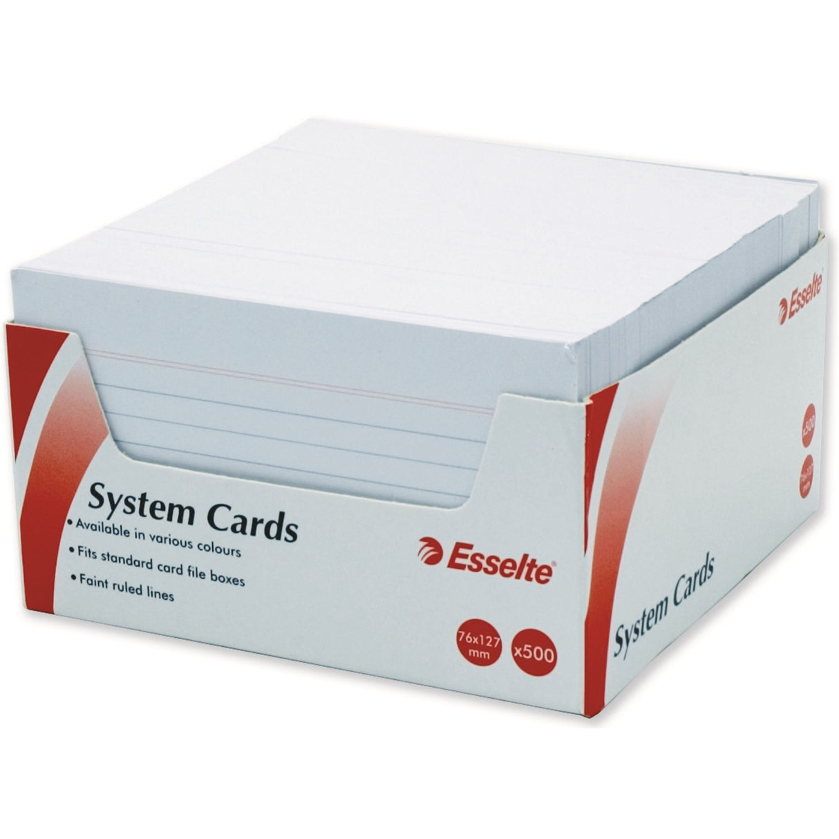 Pack of 500 ESSELTE SYSTEM CARDS 127x76mm, white, ruled on both sides for organized note-taking and indexing.