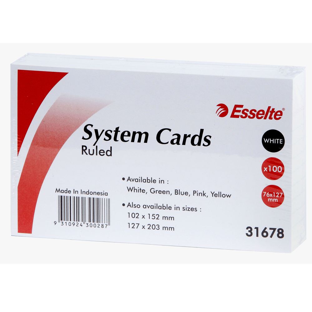 Pack of 100 ESSELTE White System Cards, 127x76mm, durable 200gsm with ruling on both sides for easy note-taking.