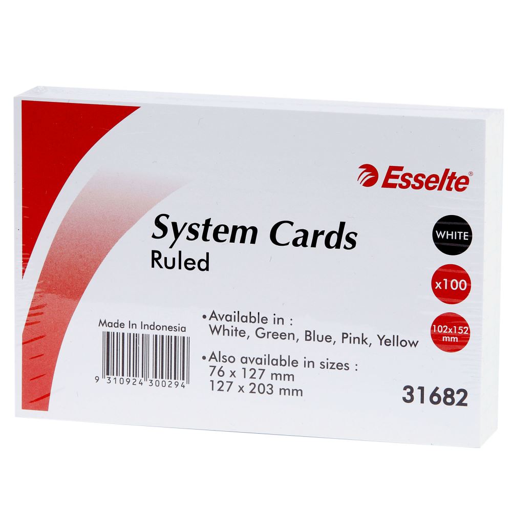 Pack of 100 durable 6x4 white system cards, ruled on both sides for organized notes and versatile indexing.