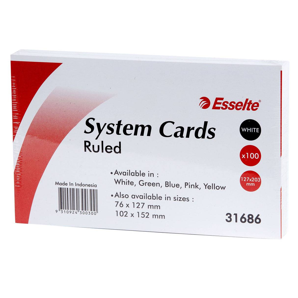 White ESSELTE system cards, 203x127mm, 100-pack, ruled on both sides for easy note-taking and organization.