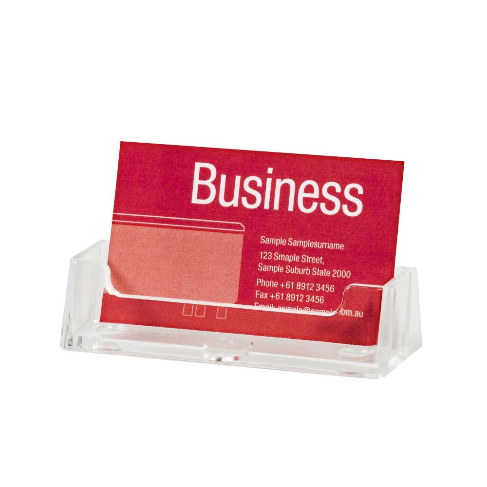 Sleek Esselte landscape business card holder, free-standing for easy display at events or office settings.
