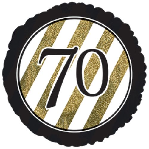 17in black and gold glitter 'Happy 70th Birthday' superloon decoration for festive celebrations.