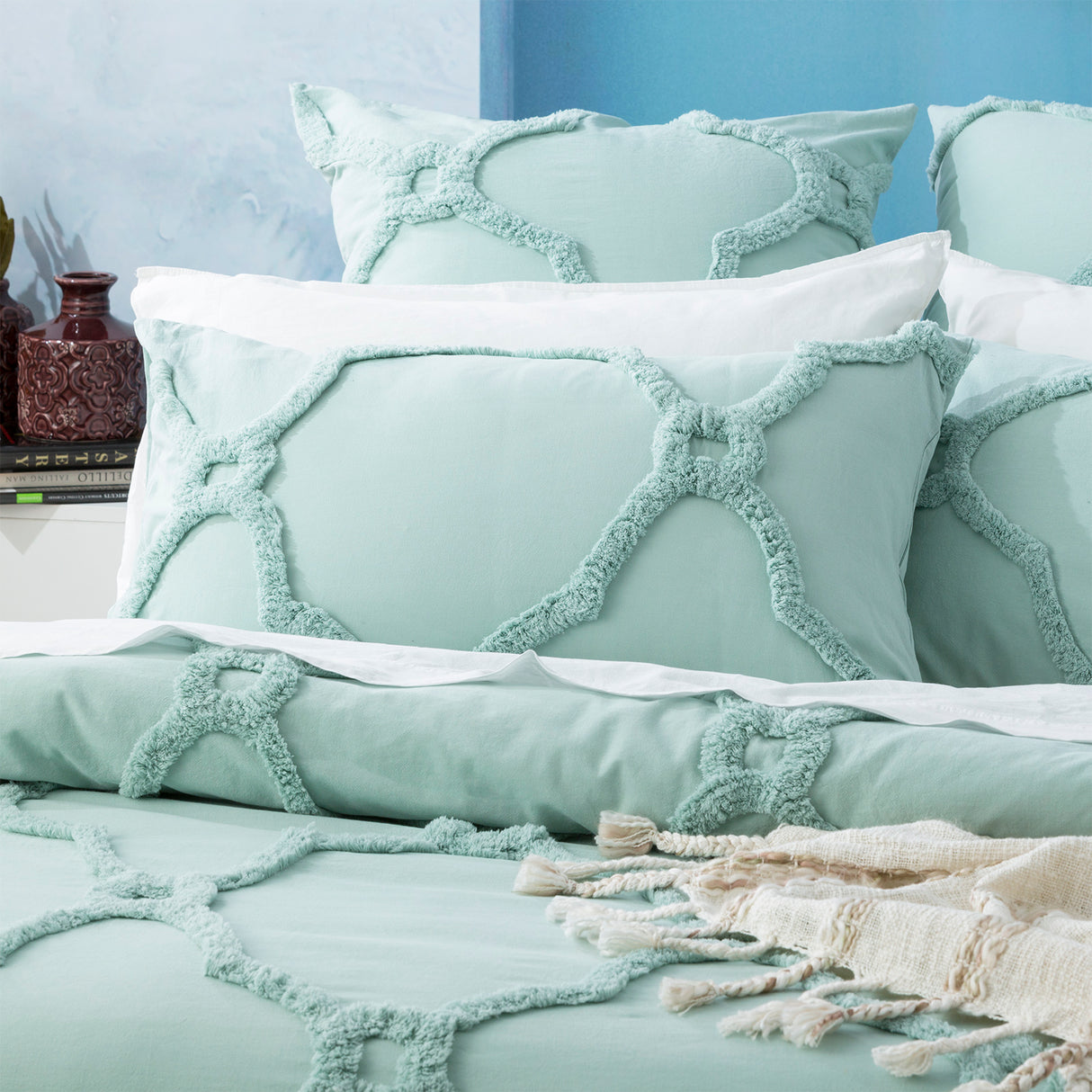 Moroccan 100% Cotton Vintage washed Tufted Quilt / Duvet cover set King Sage