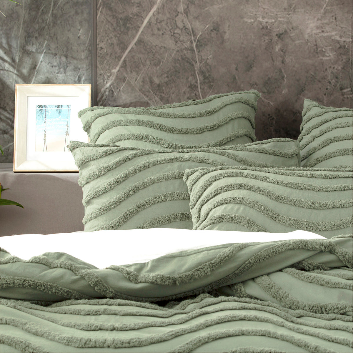Wave 100% Cotton Vintage washed tufted Quilt / Duvet cover Set Double Sage