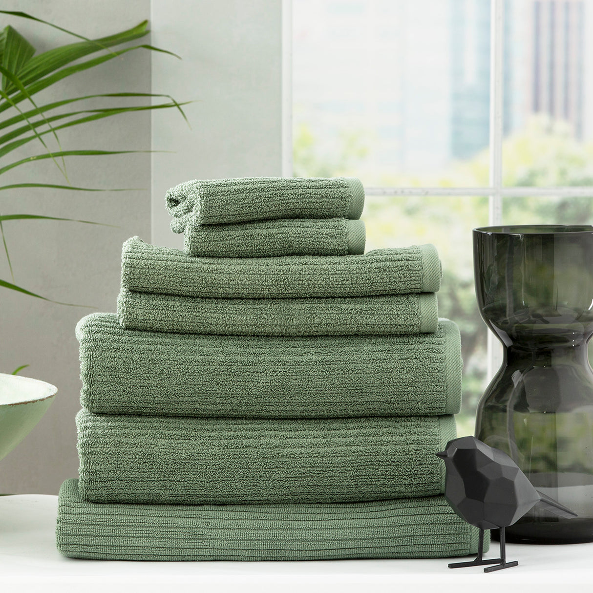 Renee Taylor Cobblestone 650 GSM Cotton Ribbed Towel Packs 7 Piece Sage