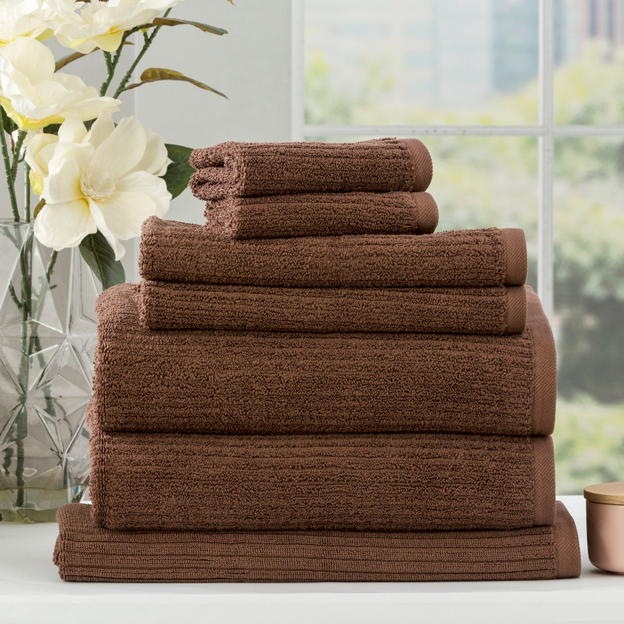 Renee Taylor Cobblestone 650 GSM Cotton Ribbed Towel Packs 7 Piece Toffee