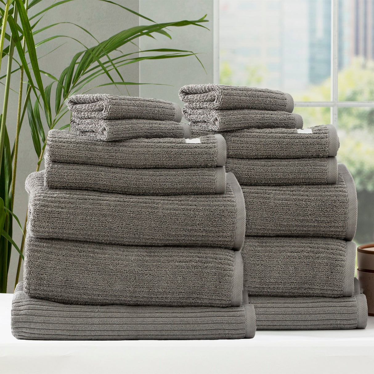 Renee Taylor Cobblestone 650 GSM Cotton Ribbed Towel Packs 14 Piece Granite