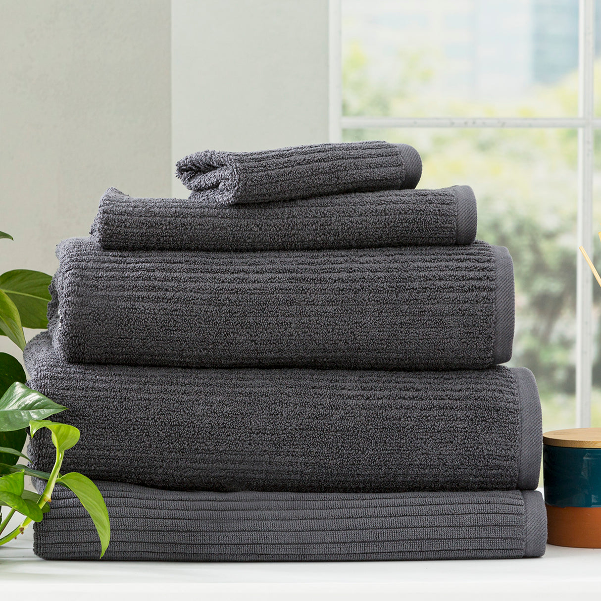Renee Taylor Cobblestone 650 GSM Cotton Ribbed Towel Packs 5 Piece Platinum