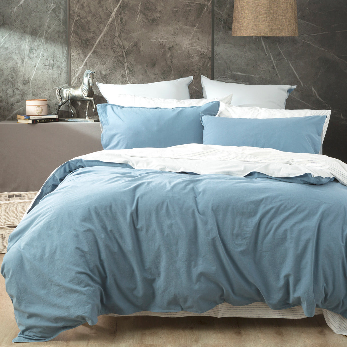 Essentials Vintage stone washed reversible Quilt / Duvet cover set Queen Blue