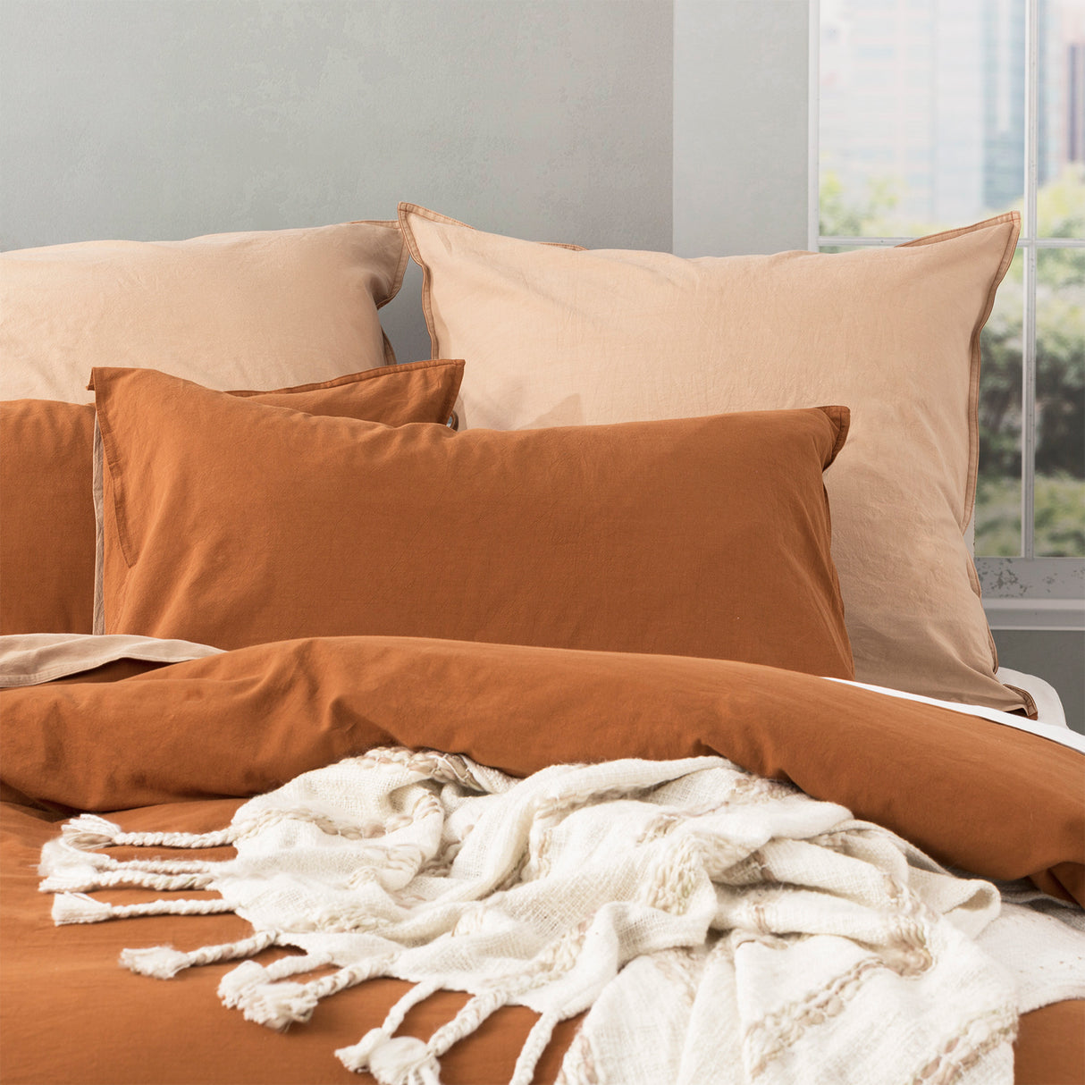 Essentials Vintage stone washed reversible Quilt / Duvet cover set King Wood