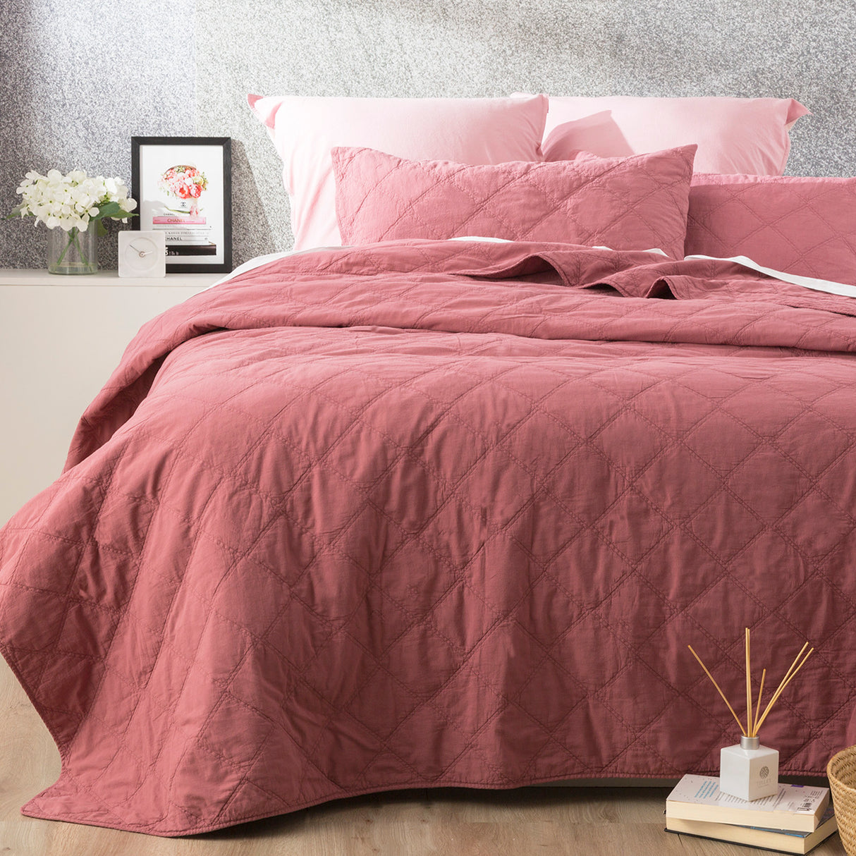 Attwood Vintage Stone Washed Cotton Quilted Coverlet set Queen/King Rose