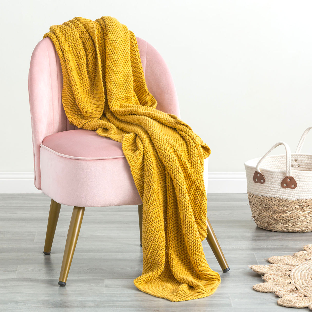 Renee Taylor Moss Seed Stitch 100% Cotton Knitted Throw 130 x 170cms Mustard