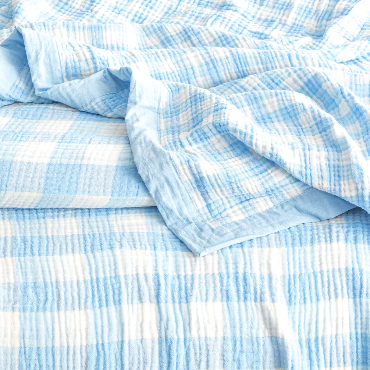 Gingham Washed Cotton Revesible Textured Blanket Single/Double French Blue
