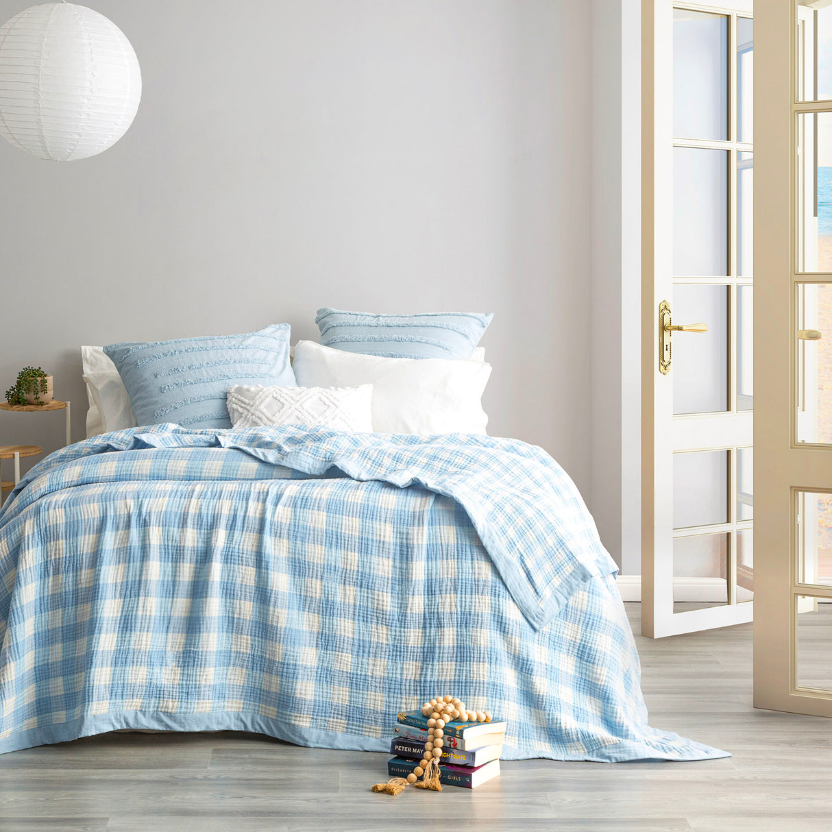 Gingham Washed Cotton Revesible Textured Blanket Queen/King French Blue