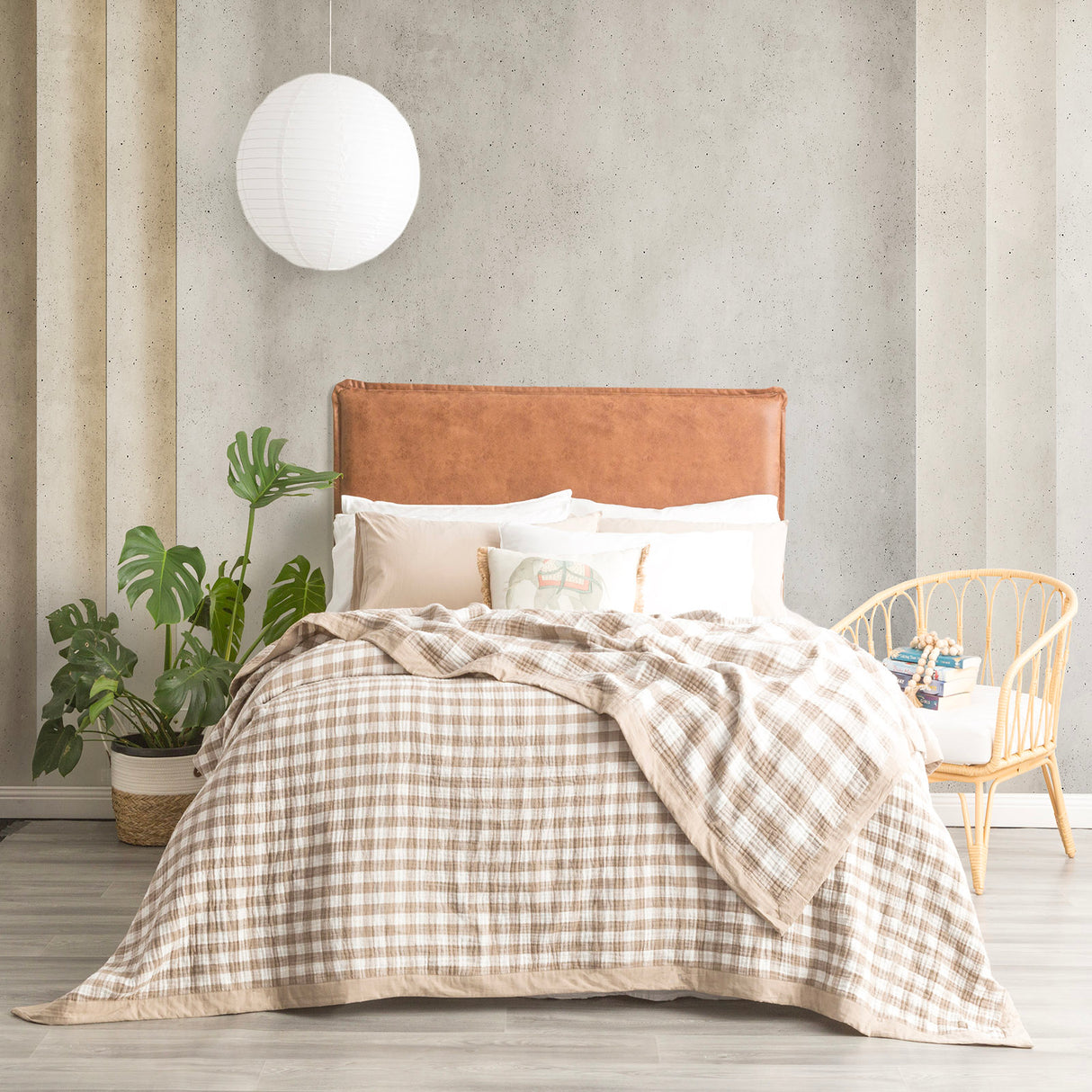 Gingham Washed Cotton Yarn Dyed Revesible Textured Blanket Queen/King Tan