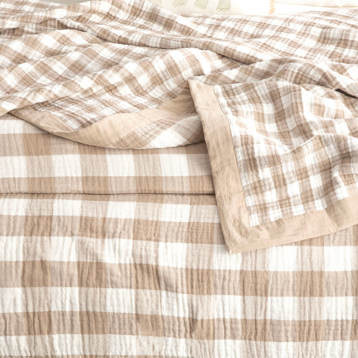 Gingham Washed Cotton Yarn Dyed Revesible Textured Blanket Queen/King Tan