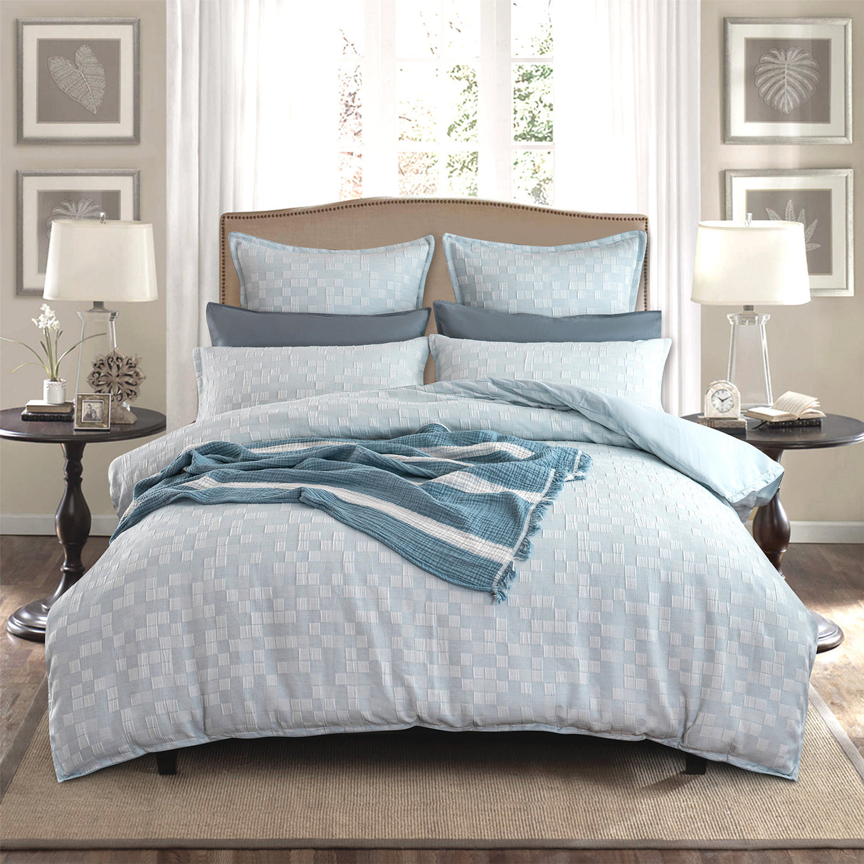 Renee Taylor Jervis Checks Jacquard Quilt / Duvet Cover Set King French Blue