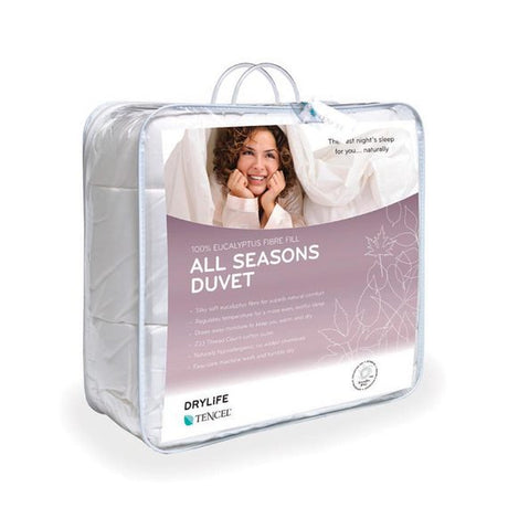 Drylife All Season Duvet Inner in Double/Queen, lightweight TENCEL fill, quilted cotton percale for year-round comfort.