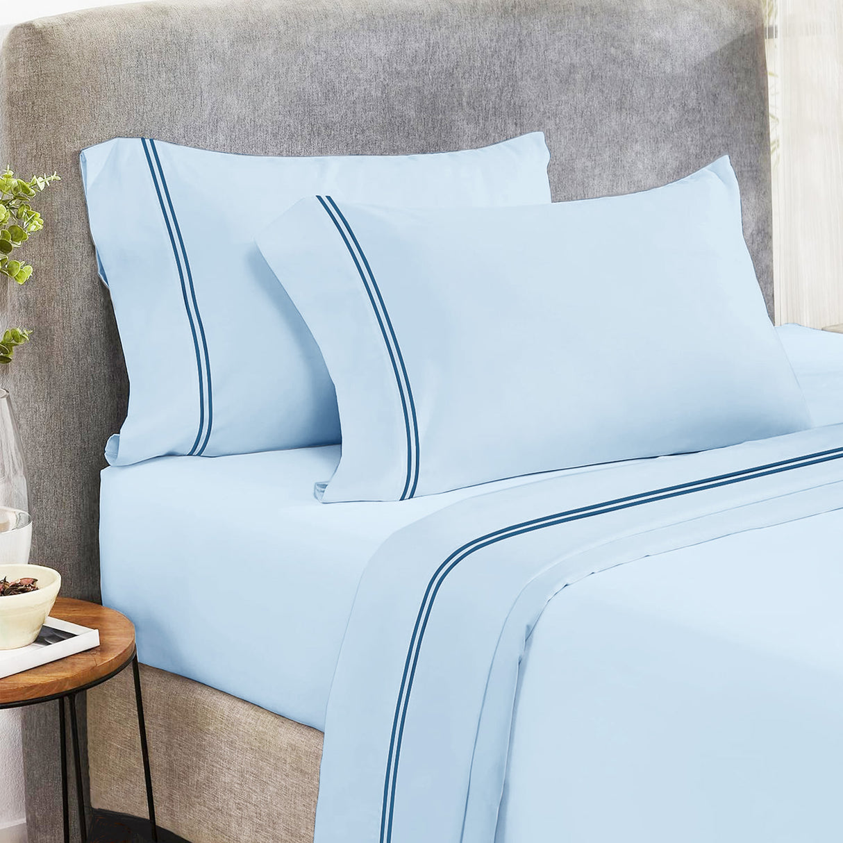 Strada Embroidered 1000 TC Egyptian Cotton Sheet Set Super King Sky Navy